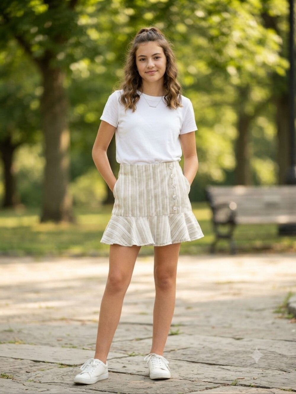 Altar'd State Neutral Striped Ruffle-Hem Skirt